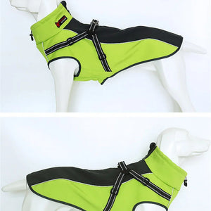 Green and black all-weather dog jacket with built-in harness and reflective trim for visibility.