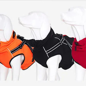 All-Weather Reflective Dog Jacket with Built-In Harness on four dogs in lime, orange, black, and red.