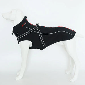 All-Weather Reflective Dog Jacket with Built-In Harness, windproof and waterproof, black with white reflective piping.