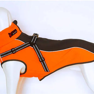 All-Weather Reflective Dog Jacket with Built-In Harness in orange; windproof, waterproof, no-pull harness, visibility.