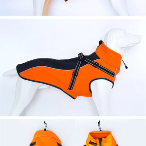 All-Weather Reflective Dog Jacket with Built-In Harness in orange/black; windproof, waterproof with reflective trim.
