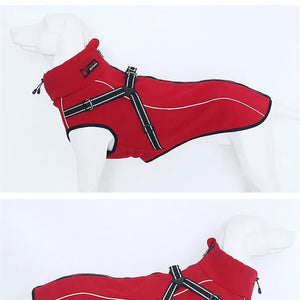 Red all-weather dog jacket with built-in harness, reflective trim, windproof and waterproof.