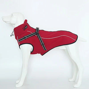 All-Weather Reflective Dog Jacket with Built-In Harness in red; windproof and waterproof.