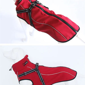 All-Weather Reflective Dog Jacket with Built-In Harness, windproof, waterproof, reflective trim.