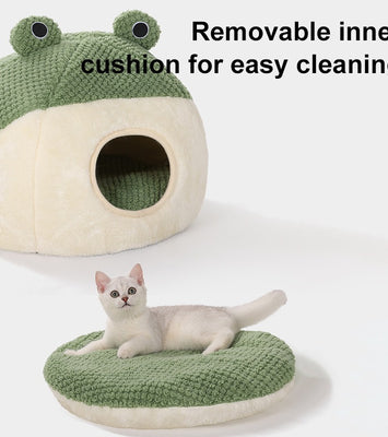 Froggo Cuddle Cave™ – Plush Frog Pet Bed for Cats & Small Dogs