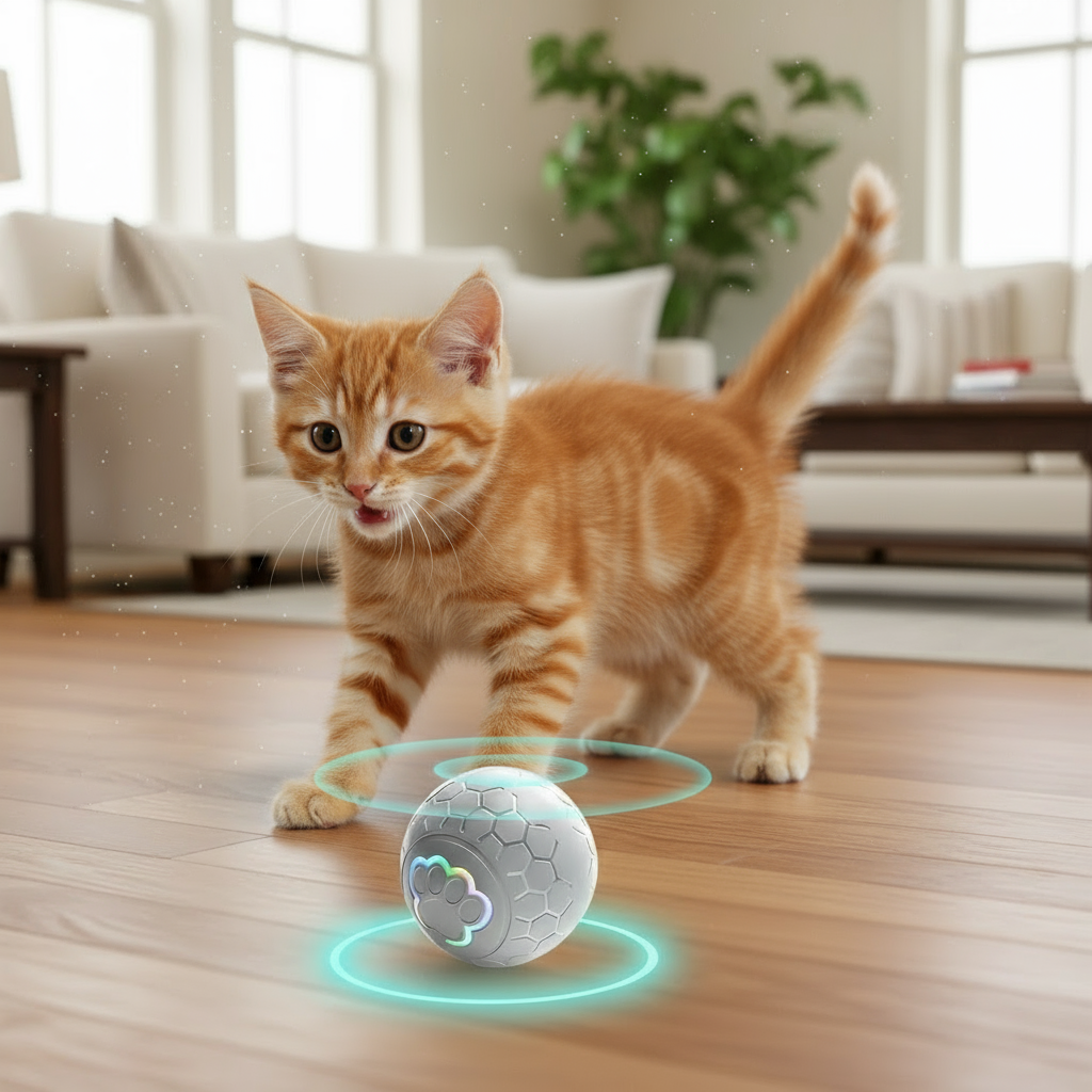 White dog playing with a smart ball toy on a light gray background