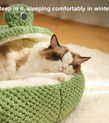Froggo Cuddle Cave™ – Plush Frog Pet Bed for Cats & Small Dogs