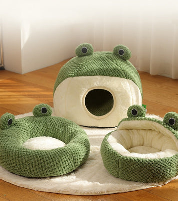 Froggo Cuddle Cave™ – Plush Frog Pet Bed for Cats & Small Dogs