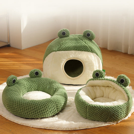 Froggo Cuddle Cave™ – Plush Frog Pet Bed for Cats & Small Dogs