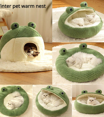 Froggo Cuddle Cave™ – Plush Frog Pet Bed for Cats & Small Dogs