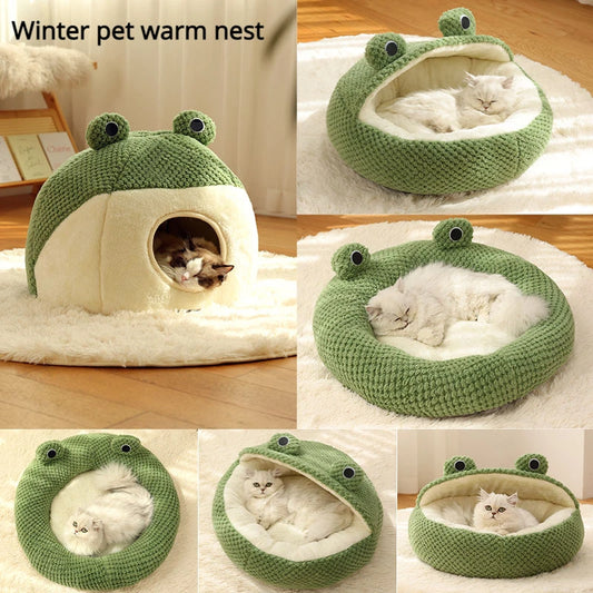 Froggo Cuddle Cave™ – Plush Frog Pet Bed for Cats & Small Dogs