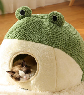 Froggo Cuddle Cave™ – Plush Frog Pet Bed for Cats & Small Dogs