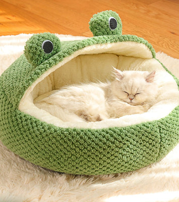 Froggo Cuddle Cave™ – Plush Frog Pet Bed for Cats & Small Dogs