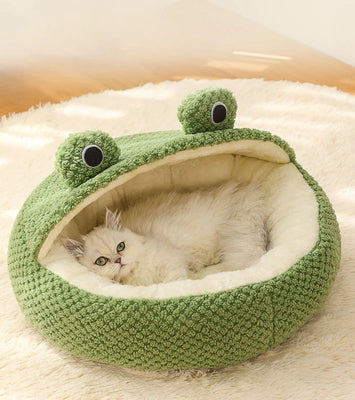 Froggo Cuddle Cave™ – Plush Frog Pet Bed for Cats & Small Dogs