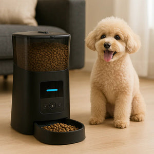 Dog standing next to a black pet feeder with food in a living room.