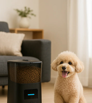 Dog standing next to a black pet feeder with food in a living room.