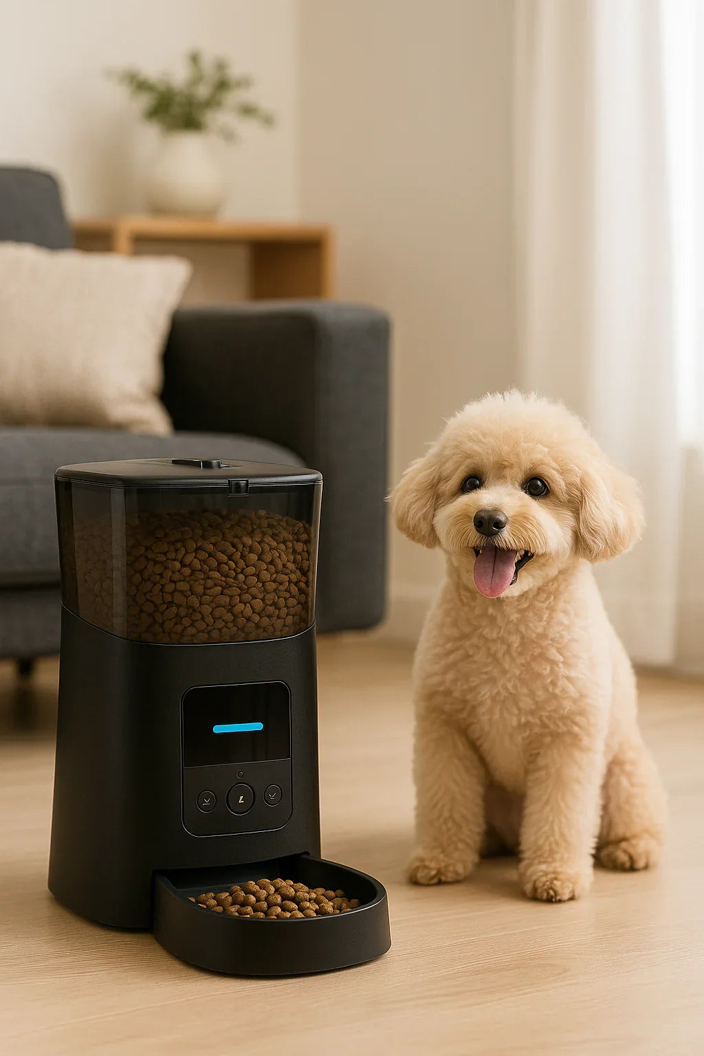 Dog standing next to a black pet feeder with food in a living room.