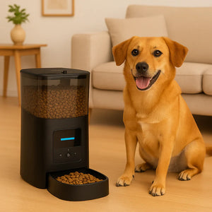 Dog sitting next to a black pet feeder filled with kibble in a living room.