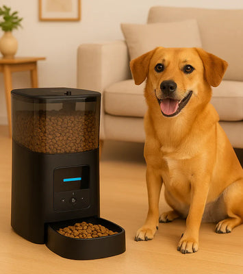 Dog sitting next to a black pet feeder filled with kibble in a living room.